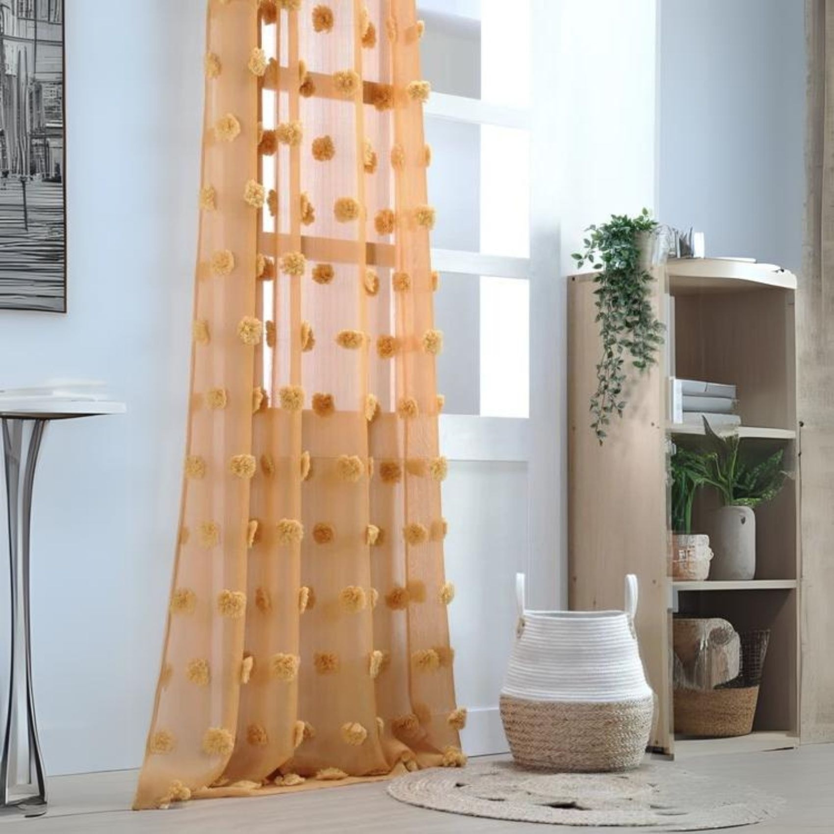 Voilage pompons brodés - Jaune moutarde