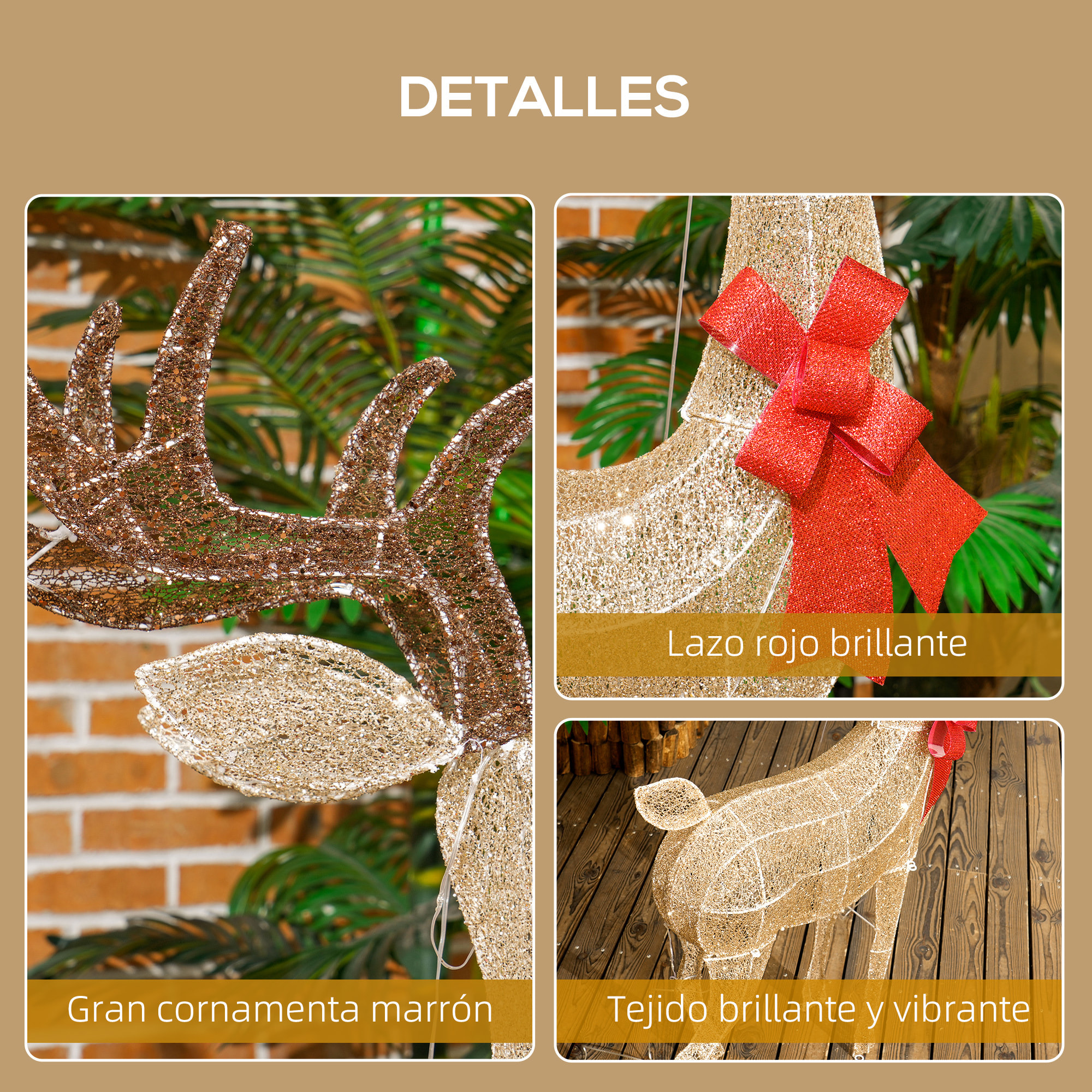 Reno Luminoso de Navidad, Decoración de Navidad con 137 LED Blanco Cálido, Illuminación Navideña para Interior, Exterior y Jardín, Dorado