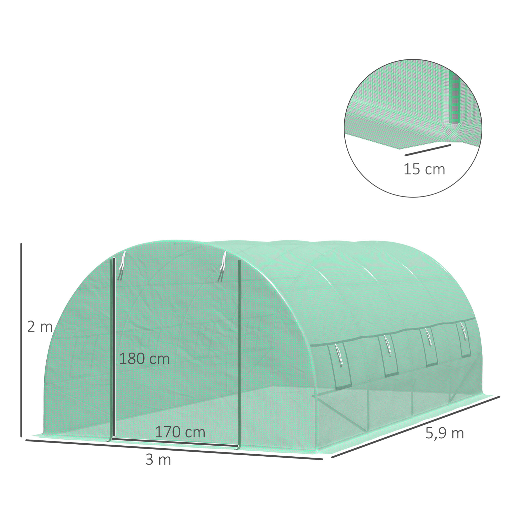 Serre de jardin tunnel 5,9L x 3l x 2H m châssis tubulaire acier galvanisé renforcé 2,5 cm 8 fenêtres 1 porte vert