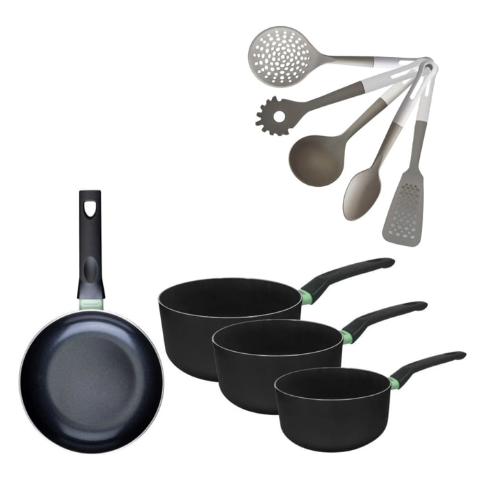 Lot Poêle 20cm & 3 Casseroles 16/18/20cm sans PFAS Fackelmann Brandao avec 5 ustensiles