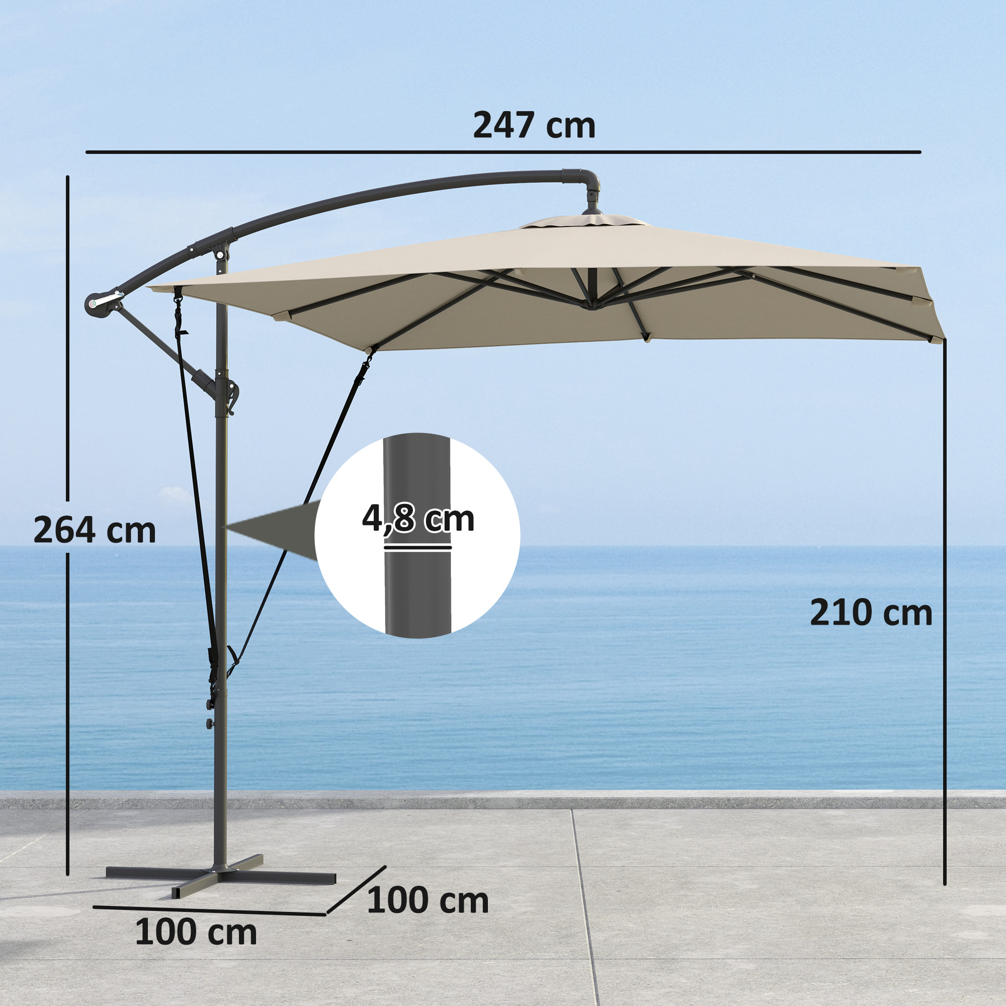 Parasol Excéntrico 247x247 cm Sombrilla de Jardín con Base Cruzada Cubierta Ajustable Manivela Funda Protectora y Cuerda de Viento Anti-UV 50+ Sombrilla para Terraza Patio Caqui