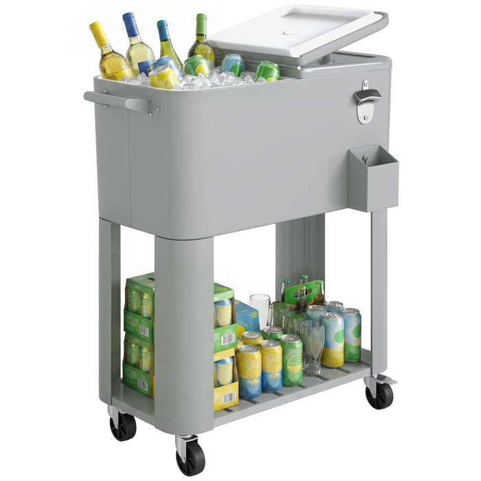 Carrito Nevera de 76L con Ruedas, Carro de Bebidas con Estante, Abrebotellas, Recogetapas, Drenaje y 2 Asas, Mesa Nevera Jardín Exterior para Patio, Fiesta, BBQ, 92x39x81 cm, Plateado
