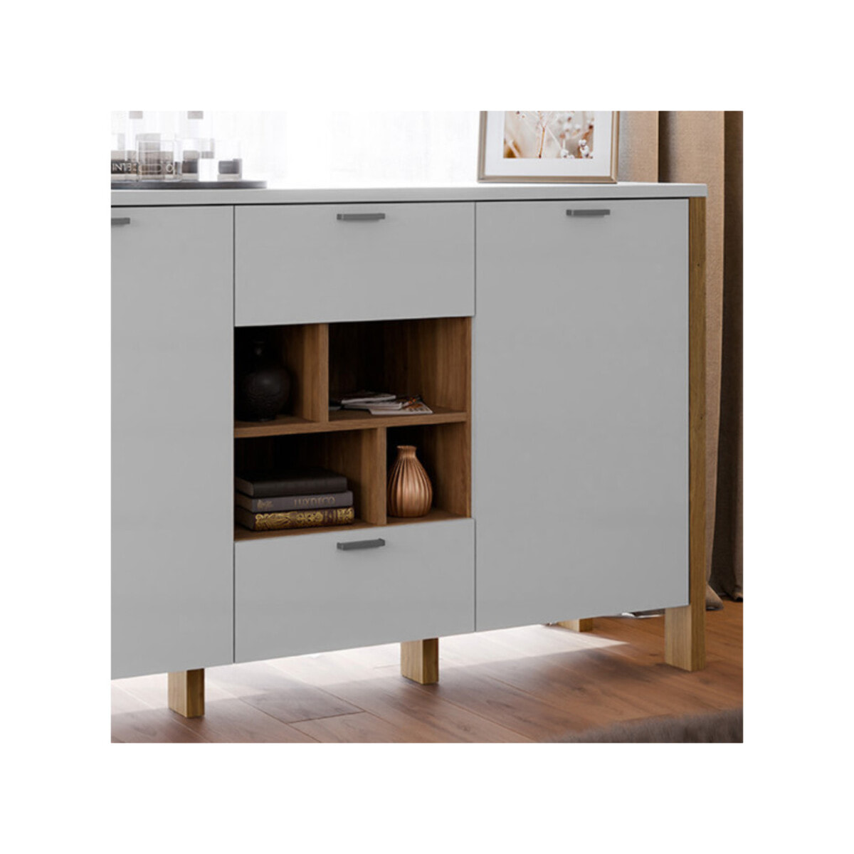 Buffet L141 cm 2 tiroirs 2 portes 4 niches décor gris clair - BOLERO