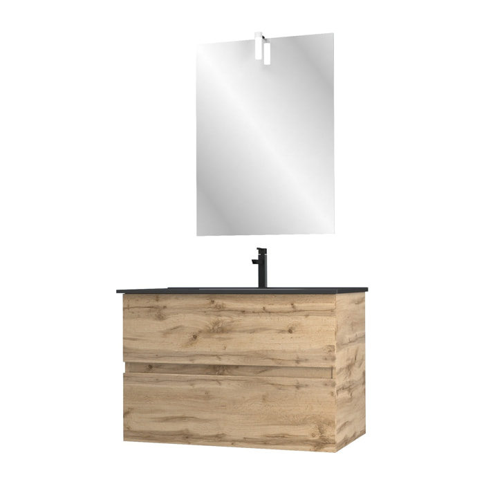 Meuble salle de bain 80x54 - Finition chene naturel + vasque noire + miroir Led - TIMBER 80 - Pack33