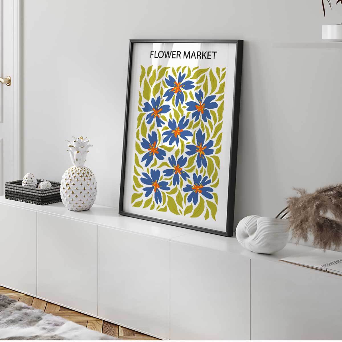 Affiche encadrée fleurs bleues décoratives Affiche + cadre en métal - Noir