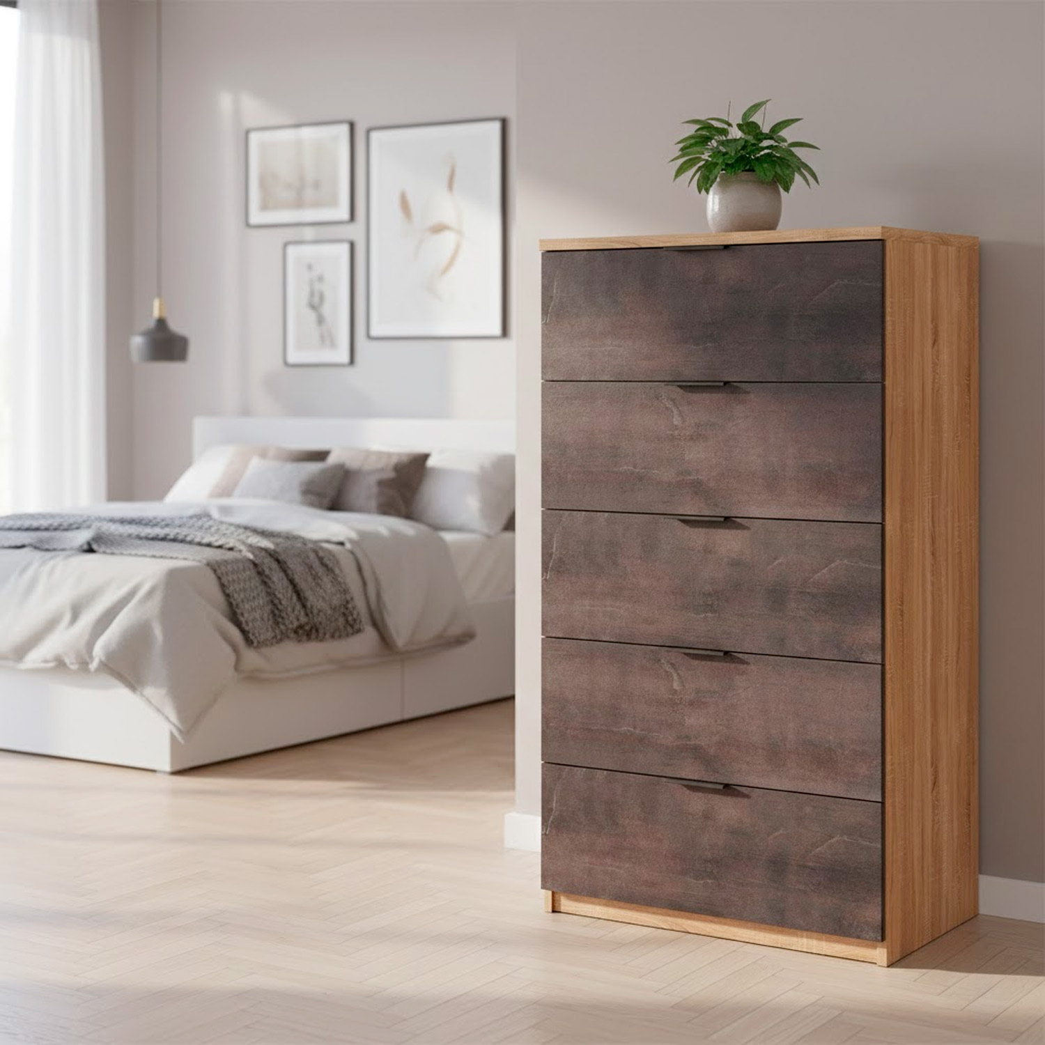 Comò Alto 5 Cassetti Sinfonier Stile Industriale Comodino Mobile Contenitore Salvaspazio Moderno Camera Da Letto 110 x 60 x 40 Cm Rovere E Ossido