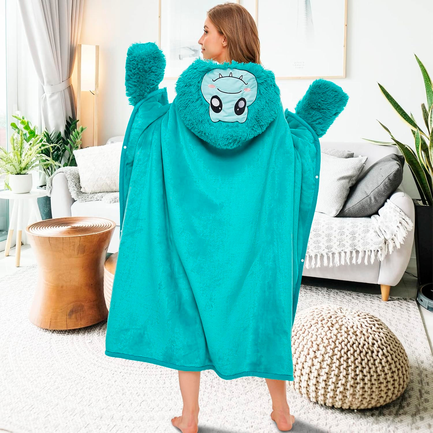 Robe coperta per adulti con design cappuccio dinosauro. 120x152 cm.