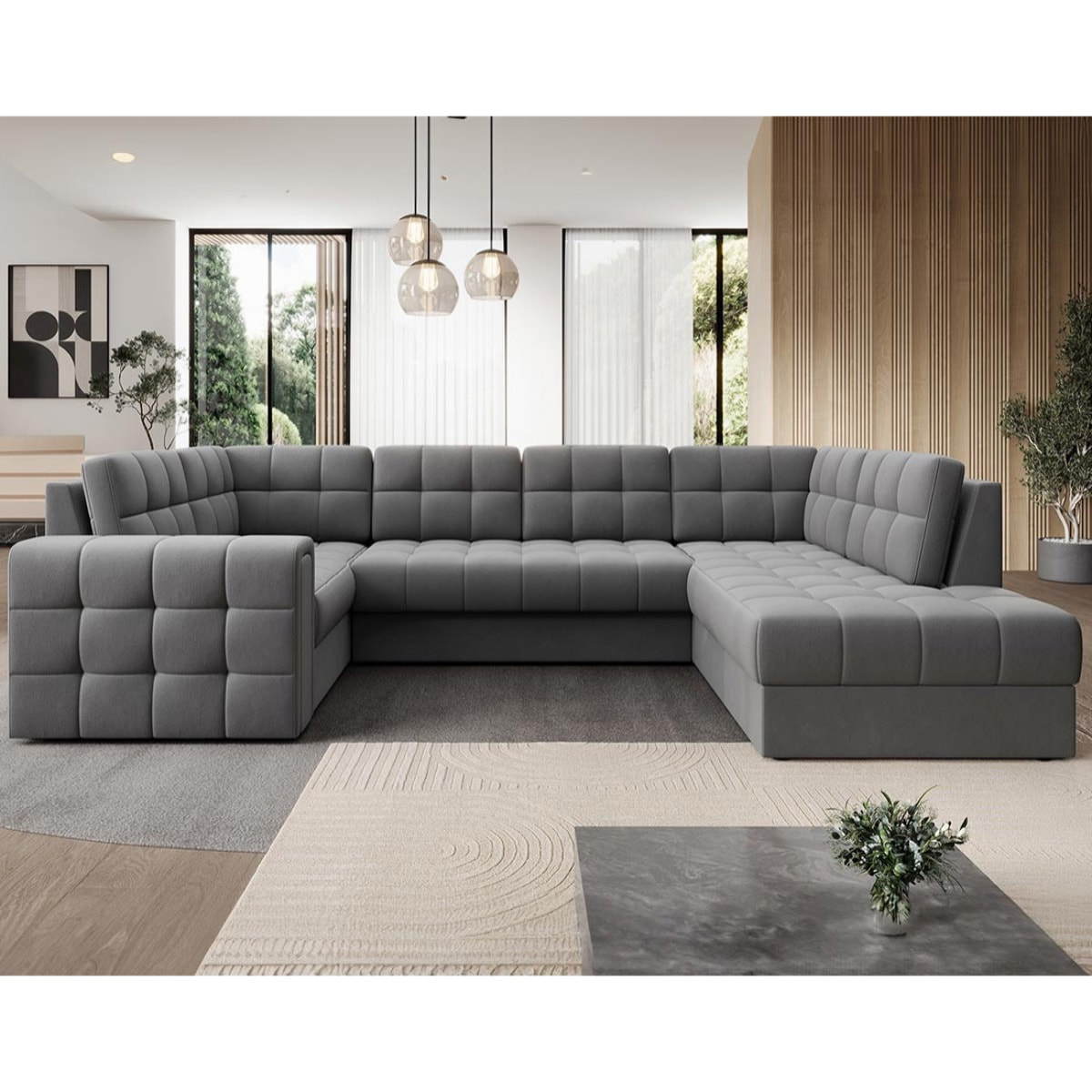 Nappa - Canapé panoramique d'angle gauche 7 places convertible avec coffre en velours - Gris clair
