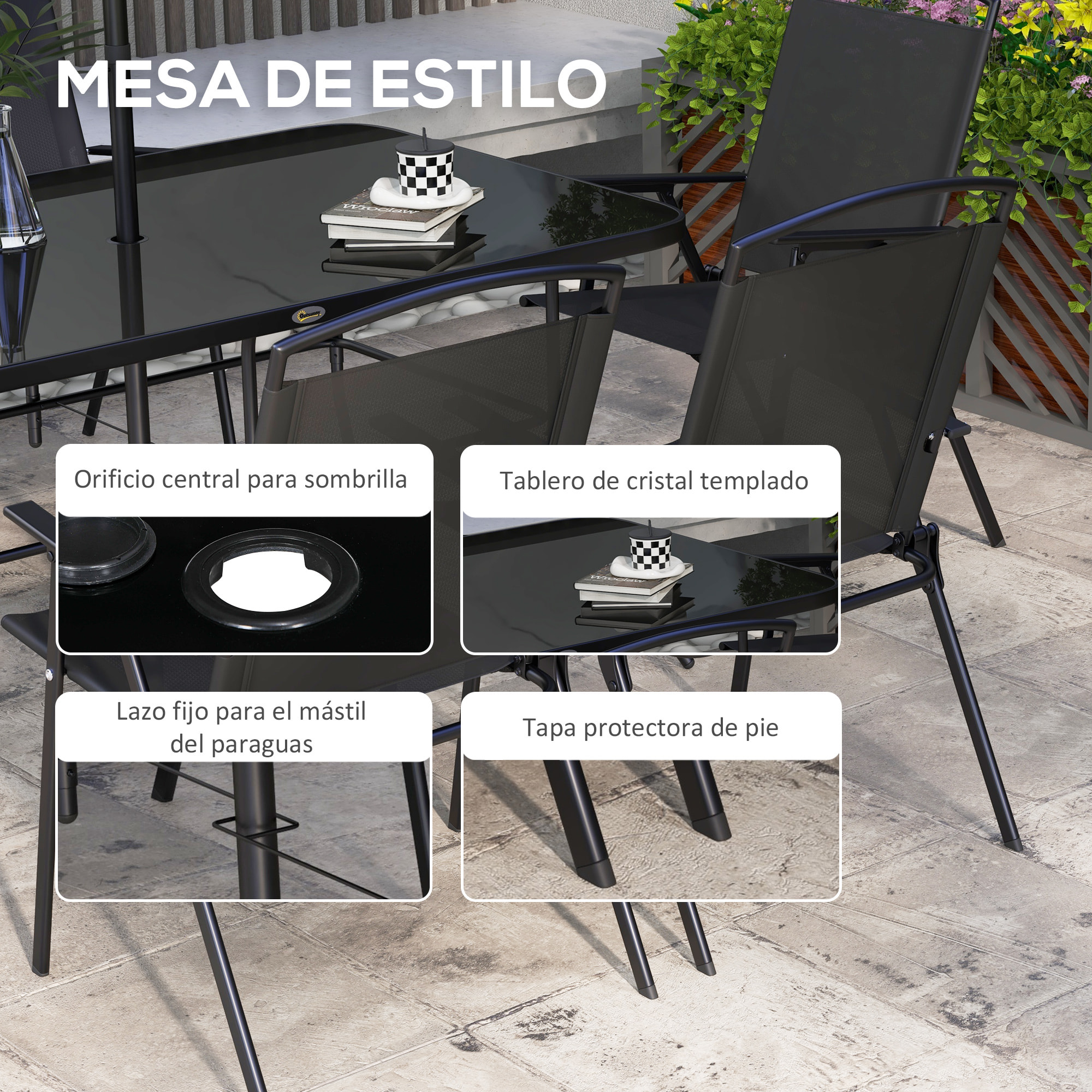 Conjunto de Muebles de Jardín 8 Piezas Juego de Comedor de Jardín con 6 Sillas Plegables Mesa de Comedor de Vidrio y Sombrilla Inclinable para Terraza Patio Negro