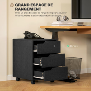 Caisson bureau mobile avec 3 tiroirs, meuble rangement bureau sur roulettes pour documents et imprimante, 40x50x57,5cm, noir
