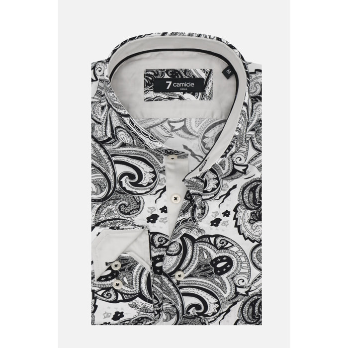 Camicia Uomo 1 Bottone Button Down Slim Popeline Stampato Bianco/Nero