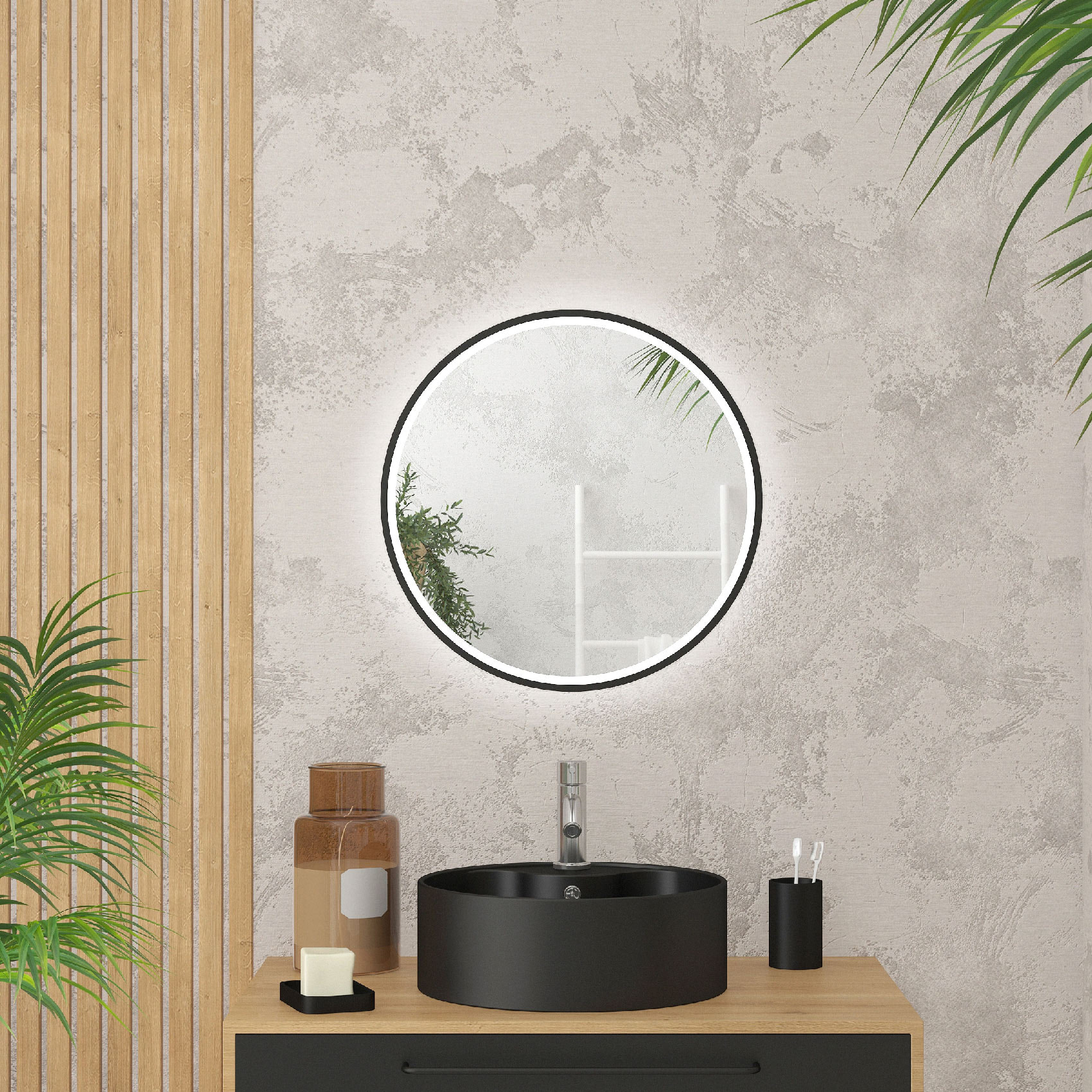 Miroir rond à leds - Noir