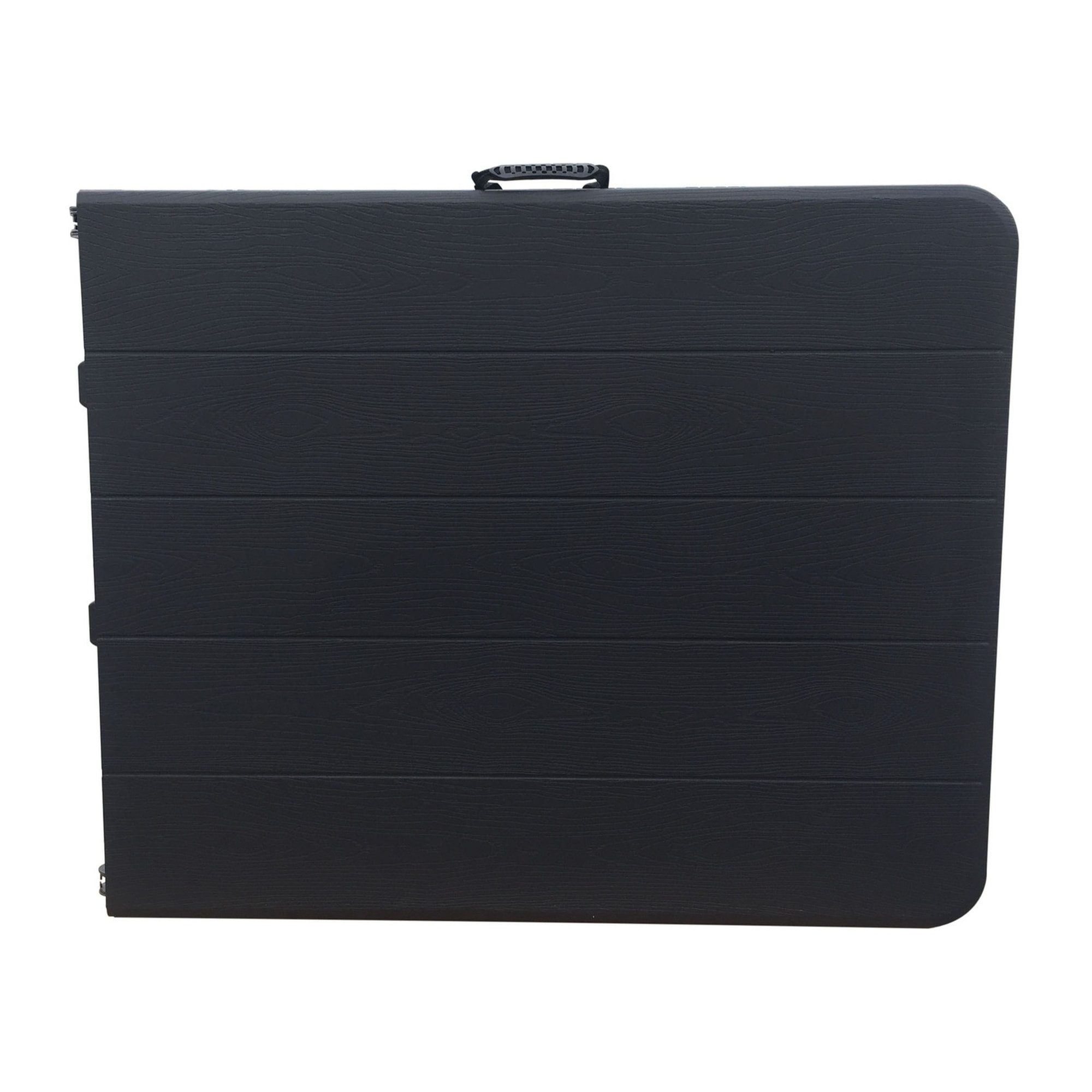 Mesa plegable multifuncional 180 x 74 x 74 cm, acabado efecto madera en negro, sobre plegable y con asa para su desplazamiento