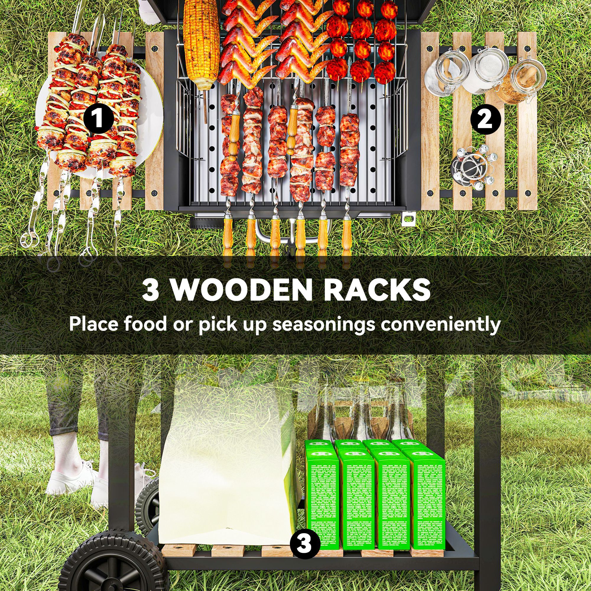Barbecue charbon de bois avec couvercle 2 roues - hauteur grille réglable, thermomètre, 3 étagères - acier noir bois