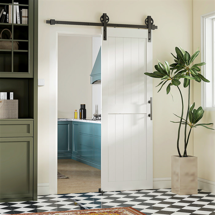 Puerta Corredera de Granero con Herrajes Puerta Corredera de Interior con Manija Rodillo y Guía de Suelo Mejorados para Baño Salón Sala de Estar 71,5x213,4 cm Blanco