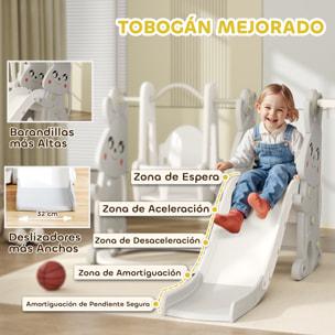 Tobogán Infantil 4 en 1 Columpio y Tobogán Trepador Aro de Baloncesto Temática de Conejo Parque Infantil para Interior y Exterior Gris y Blanco