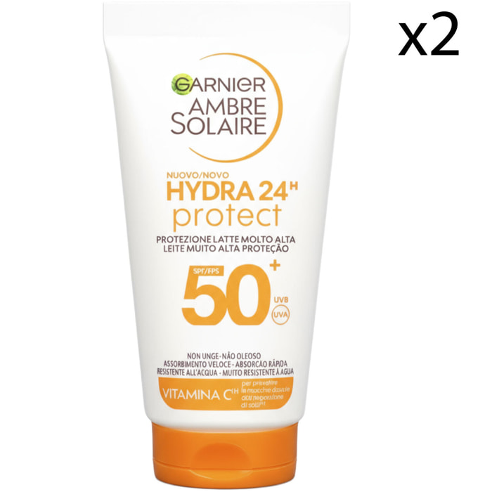 2x Latte Protettivo SPF 50+ Protezione Solare Molto Alta Ambre Solaire Hydra 24H Protect con Vitamina C Idratante - 2 Flaconi da 50ml