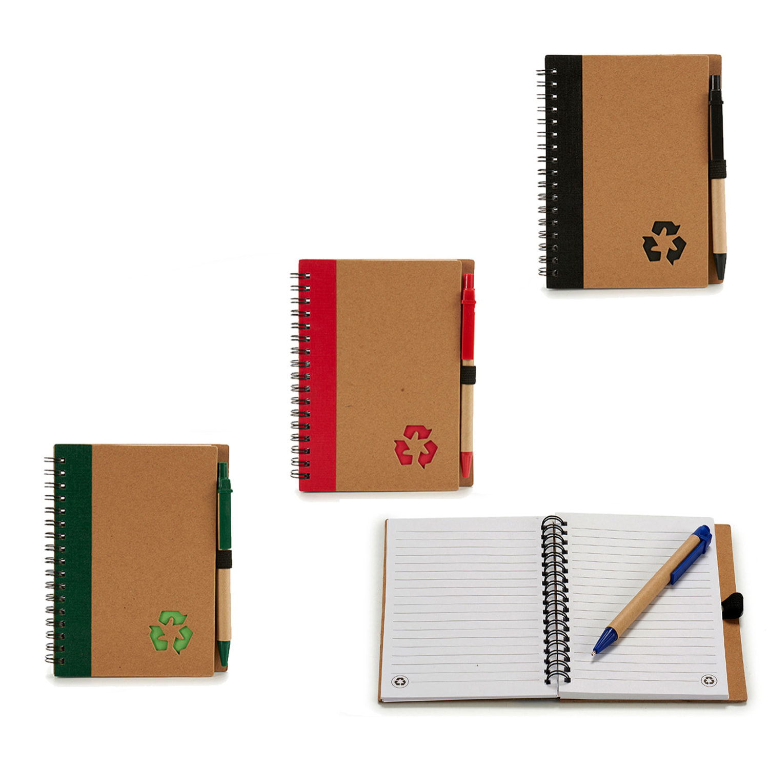 Confezione 4 quaderni in cartone riciclato + penna 16x12 cm. Assortimento 4 disegni.