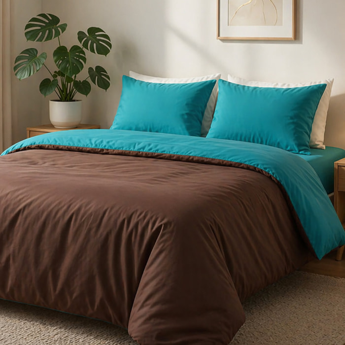 Parure Housse De Couette 3pcs 100% coton 57fils Choco/turquoise