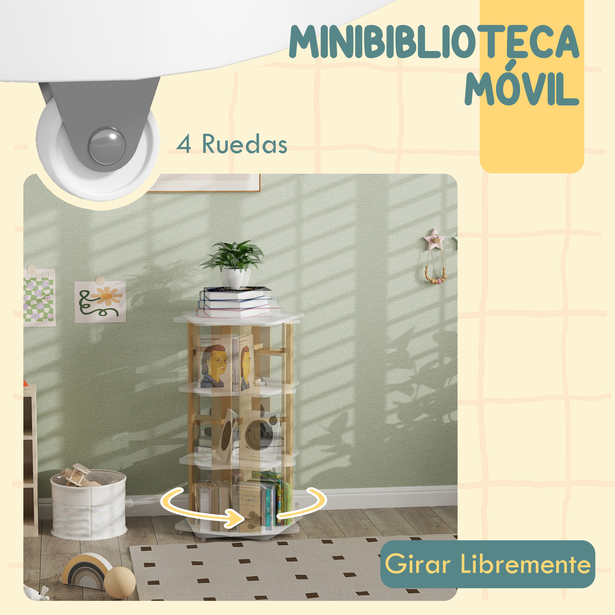Librería Infantil Estantería para Libros Infantil con Ruedas Estantería Infantil con 3 Estantes para Guarderías Habitación Infantil Blanco y Natural