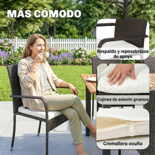 Conjunto de Mesa y Sillas Jardín de Ratán de 7 Piezas, Muebles Jardín Exterior con Mesa Extensible Tablero Madera y 6 Sillas Apilables con Cojines Extraíbles, Marco de Acero Resistente, Crema