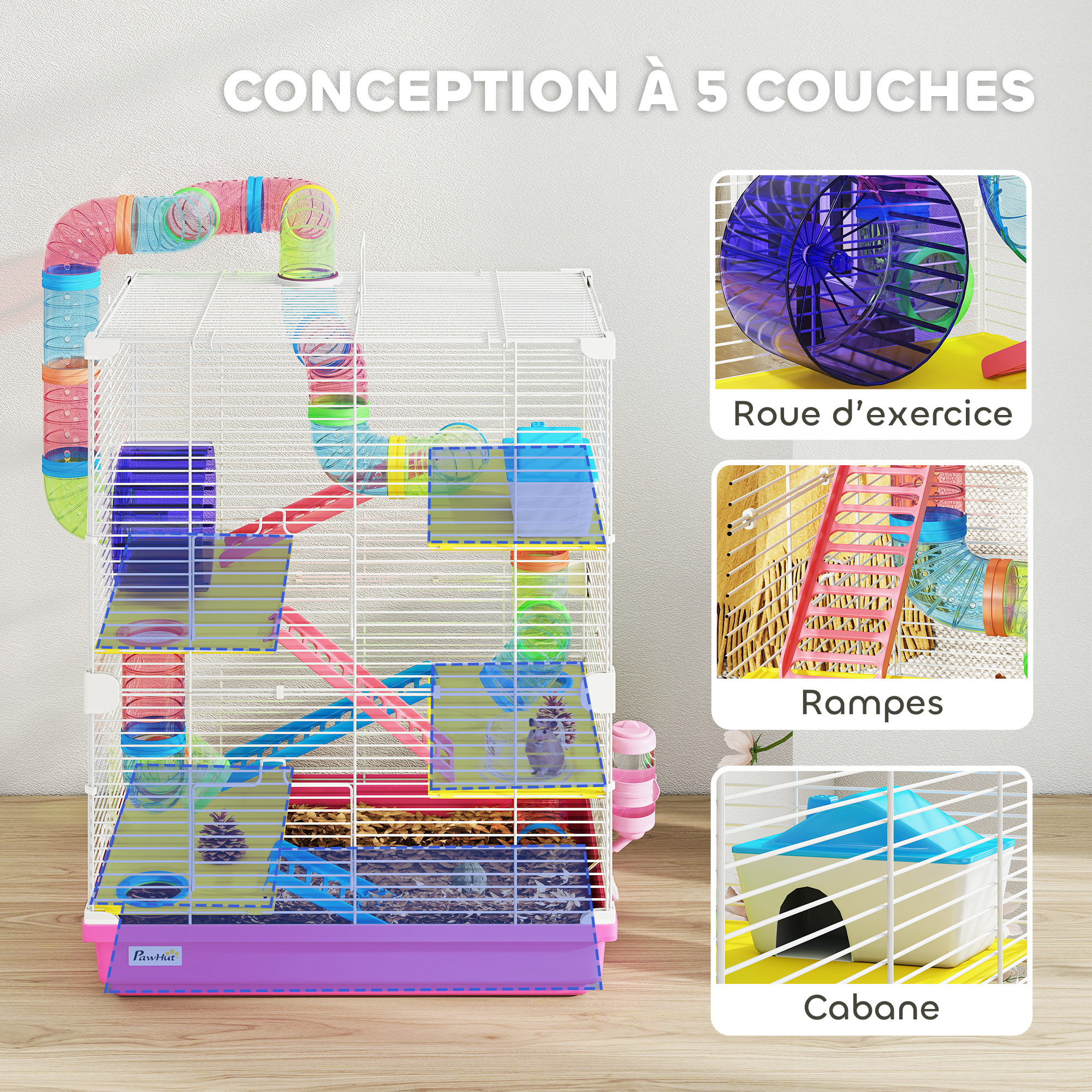 Cage pour hamster souris rongeur 4 étages avec tunnels mangeoire roue maison échelles dim. 46L x 30l x 58H cm rose