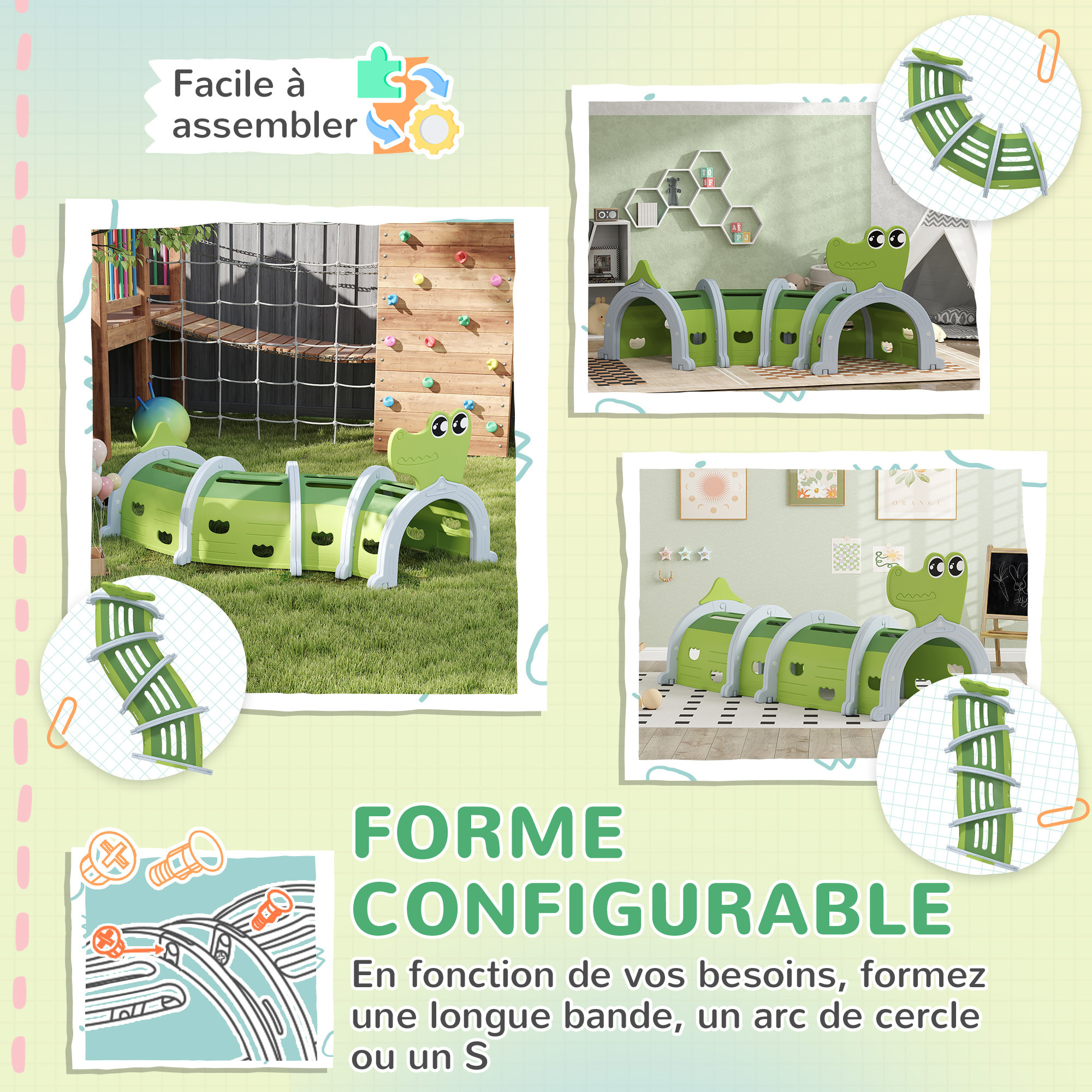 Tunnel de jeu pour enfants crocodile - parcours de motricité modulable - intérieur extérieur - gris vert