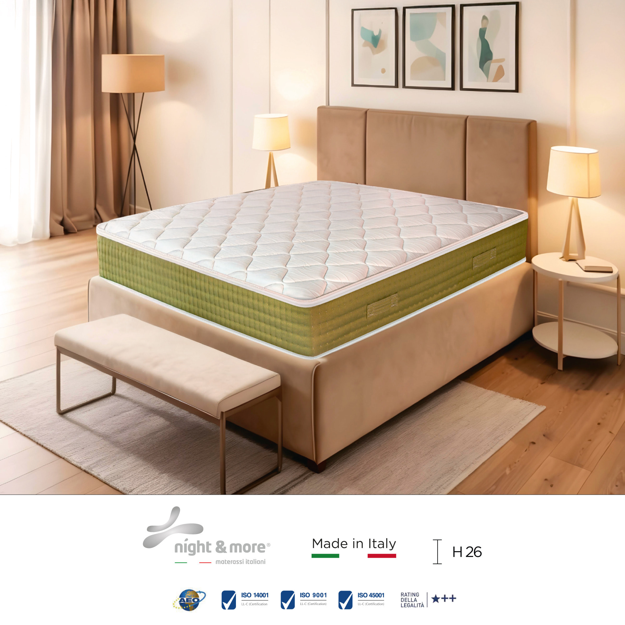 "Elegance Spring" H26 cm 140x200 2 guanciali Memory OMAGGIO a molle insacchettate indipendenti ,7 zone a portanza differenziata arrotolato