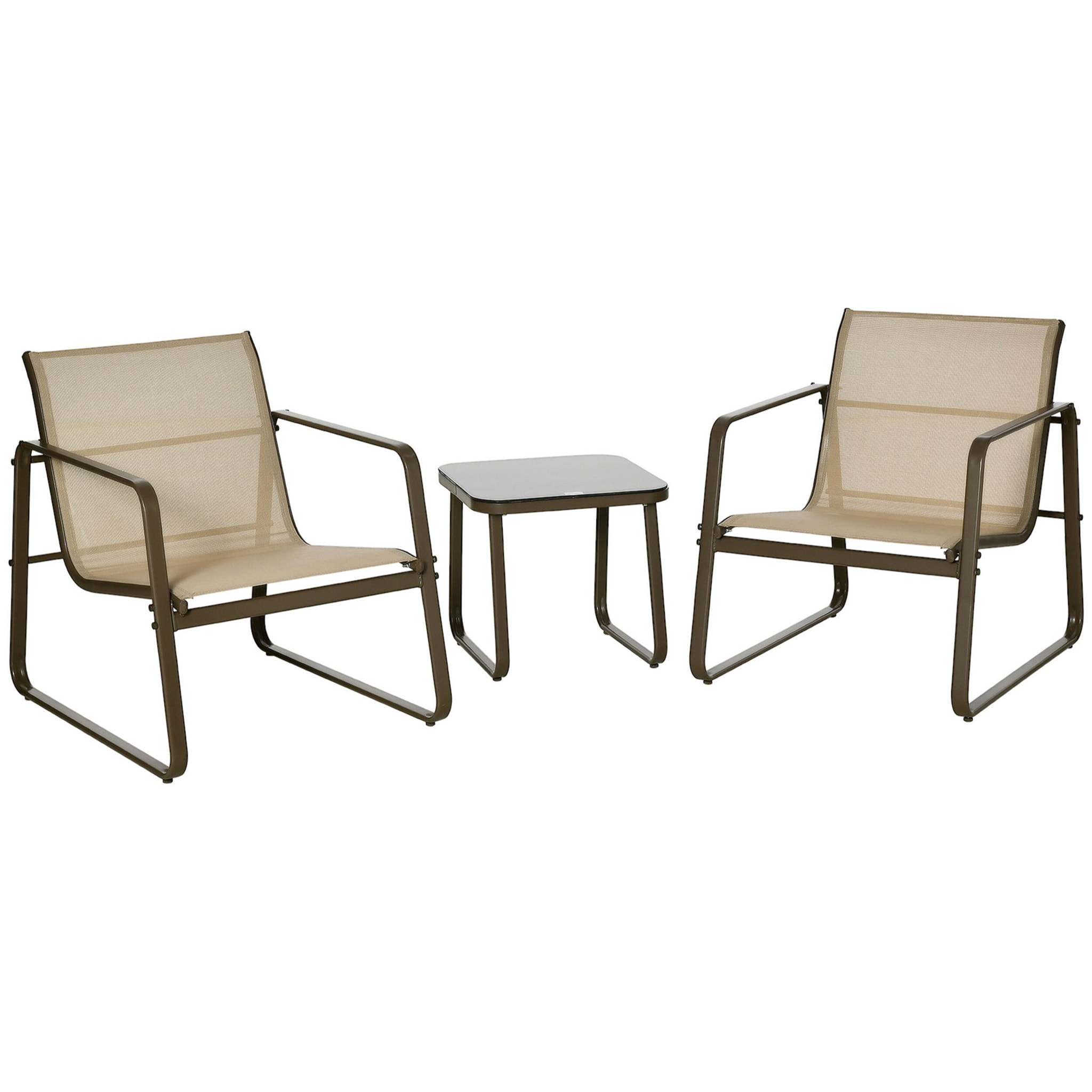 Outsunny Conjunto de Muebles de Jardín 3 Piezas Mesa de Vidrio Templado 43x43x41 cm y 2 Sillas 62x78x75 cm con Reposabrazos y Respaldo Transpirable para Terraza Balcón Caqui