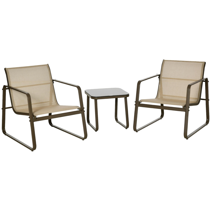 Outsunny Conjunto de Muebles de Jardín 3 Piezas Mesa de Vidrio Templado 43x43x41 cm y 2 Sillas 62x78x75 cm con Reposabrazos y Respaldo Transpirable para Terraza Balcón Caqui