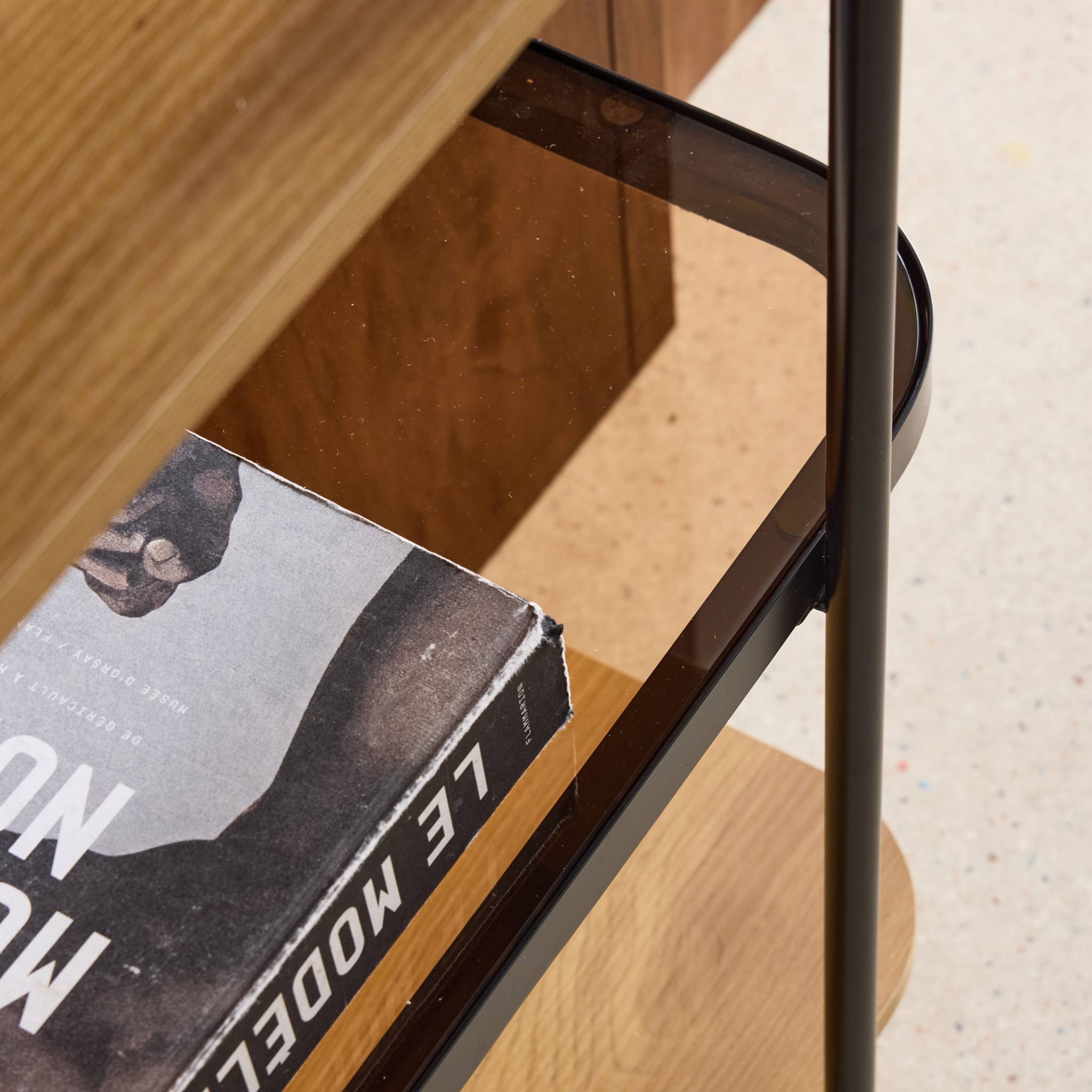 Etagère bibliothèque verre, décor bois et métal 5 niveaux SMOOKY