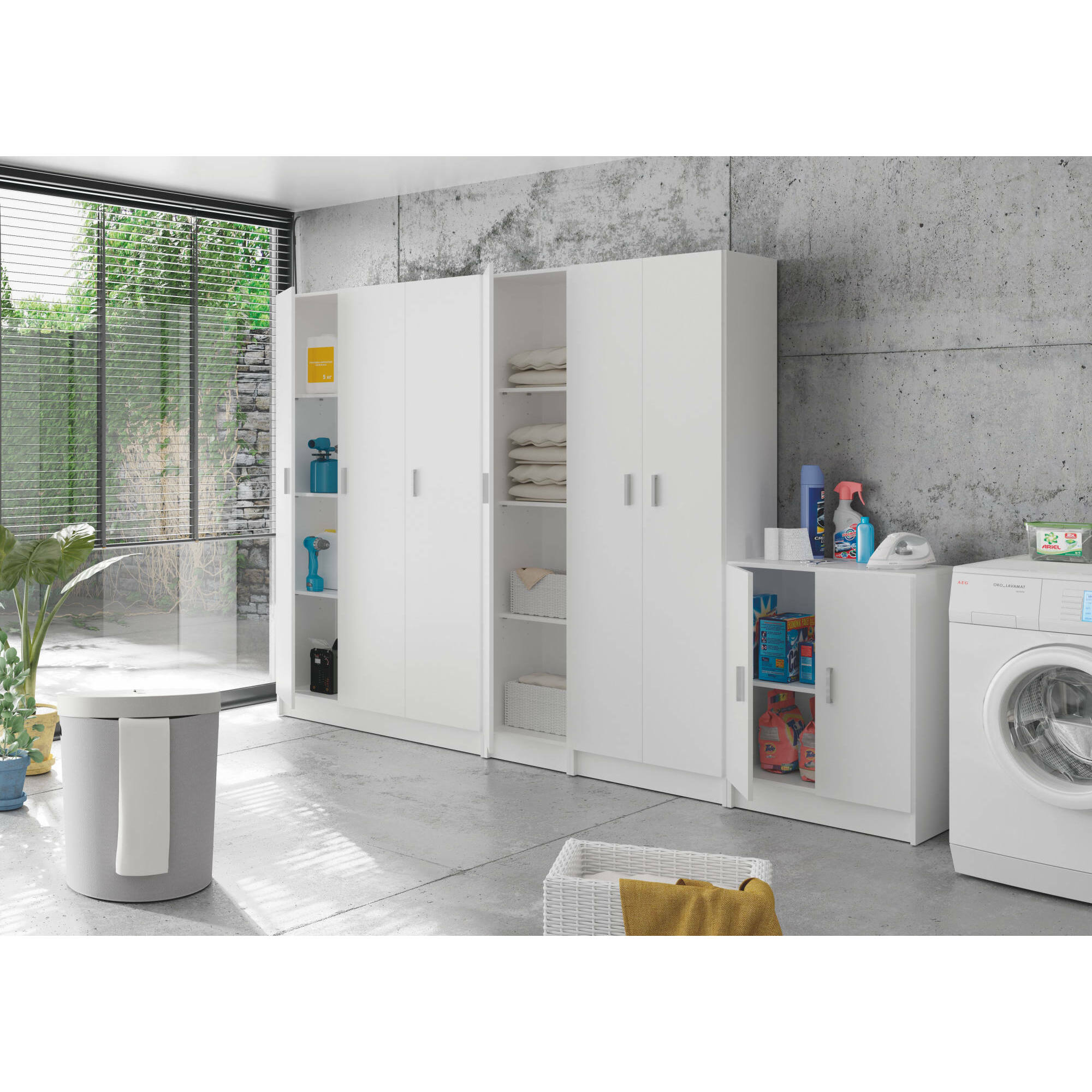 Armadio multiuso 2 ante Pan, Mobile ausiliario basso, Porta scarpe a 1 ripiano, Armadietto multifunzione, 59x37h80 cm, Bianco