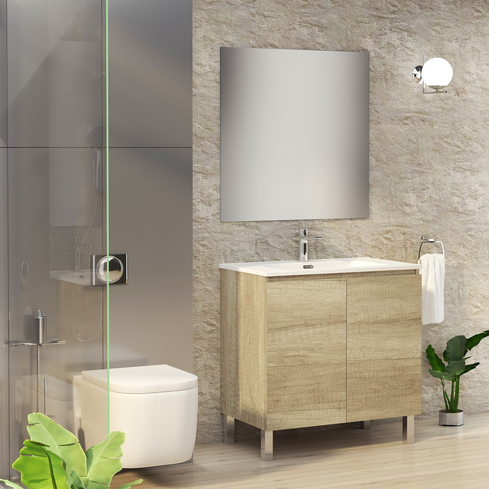 Ensemble de Salle de Bain Lust | 80 cm Nature | Deux Portes | Lavabo Encastré | N'inclut pas le Miroir | Meuble Assemblé | Alday