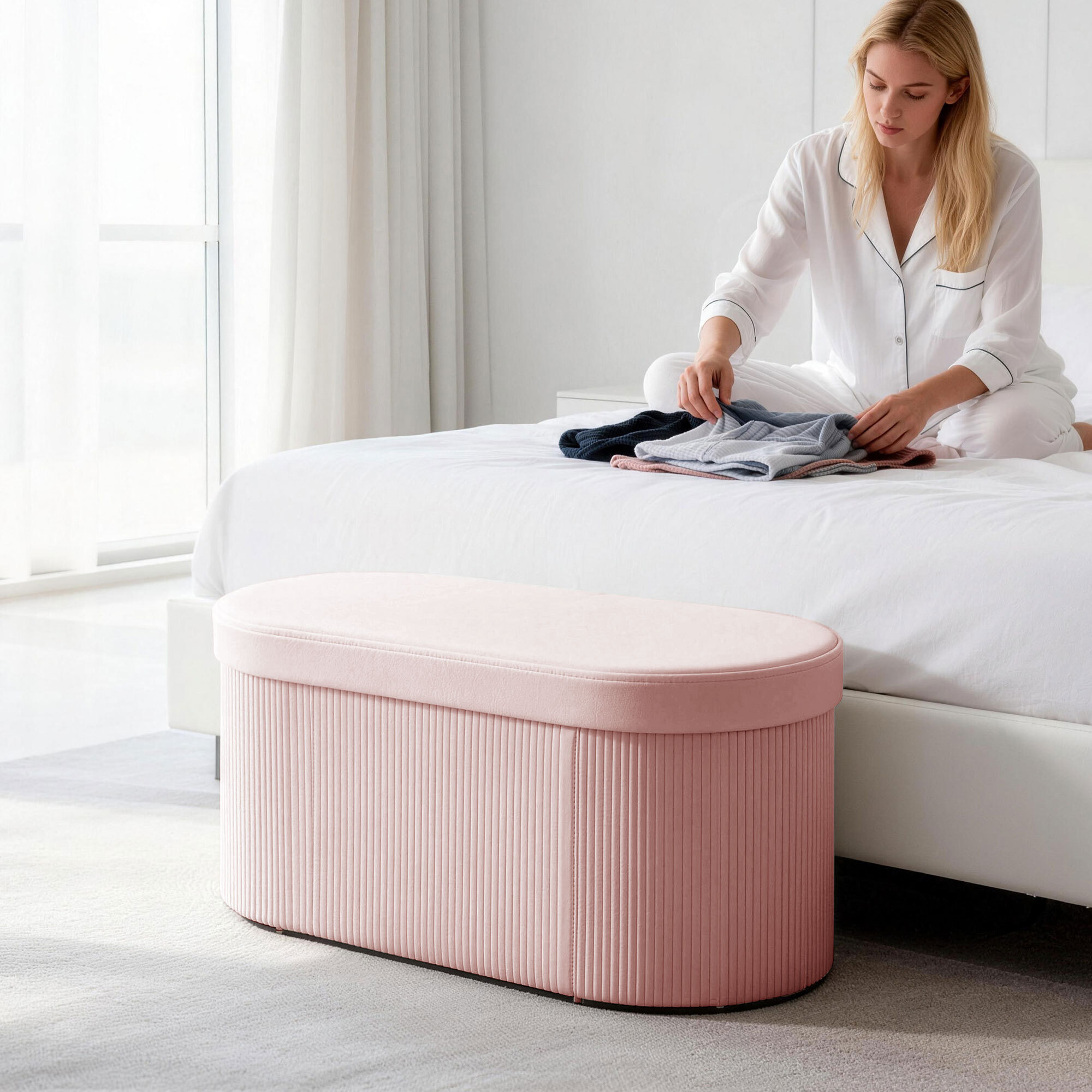 Puff Almacenaje, Banco Almacenaje Plegable, 72 L, 76x38x35 cm, Tapizado en Terciopelo, Baúl de Almacenamiento, Carga 120 kg, Taburete para Sala de Estar, Dormitorio, Entrada, Rosa