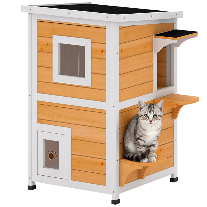 Caseta para Gatos de Madera Exterior, Casa para Gatos de 2 Niveles con Techo Abatible, Panel Central Extraíble, Ventanas, Puertas, para Terraza, Balcón, Jardín, 51x51x81,3 cm, Natural y Blanco