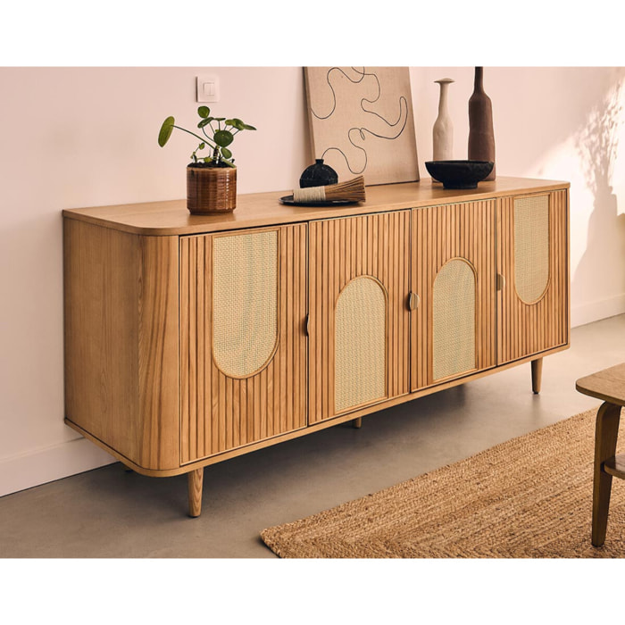 Milazzo - buffet bas - bois plaqué chêne et cannage - 4 portes - 176 cm - Bois