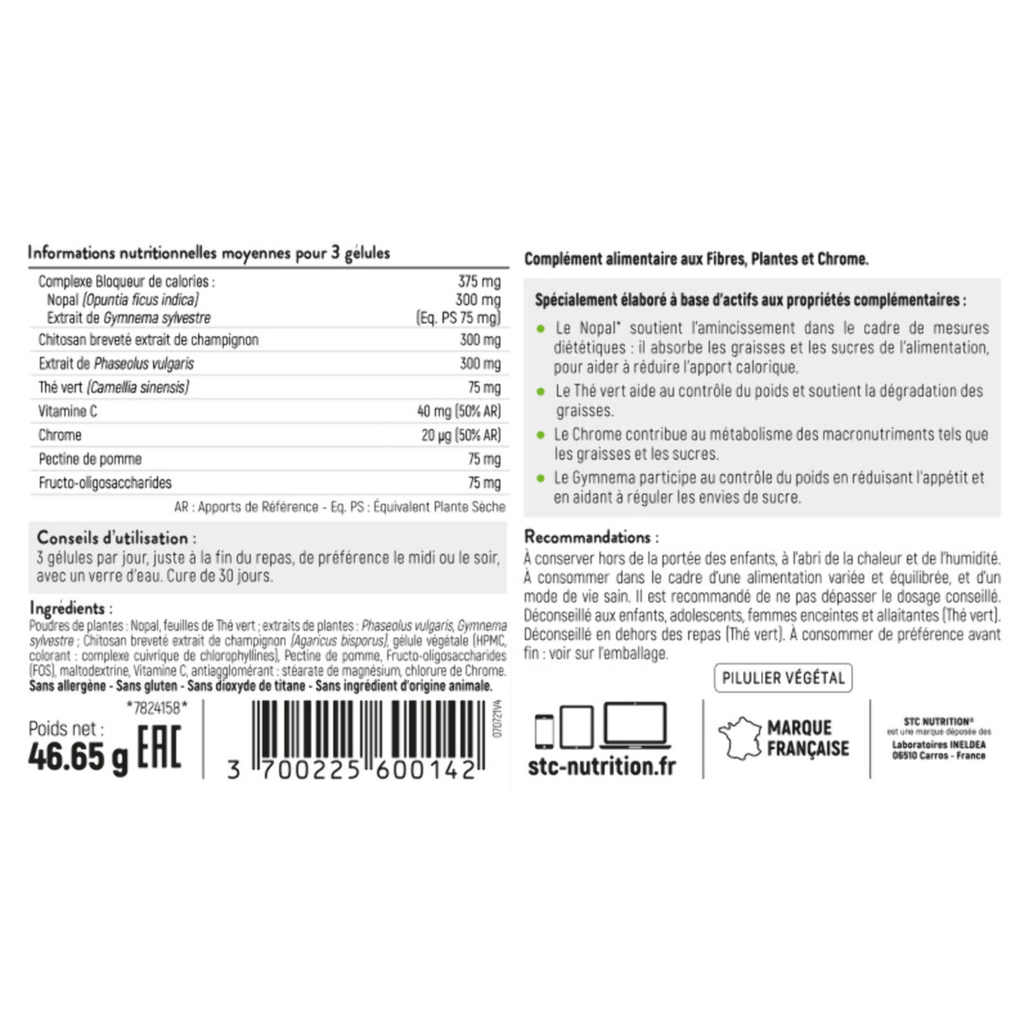 STC NUTRITION - Fat & Sugar Limit - Complément alimentaire à base de Nopal, Thé vert, Gymnema & Chitosan - Bloque les sucres et graisses - Favorise la satiété - Vegan - Lot de 2 piluliers