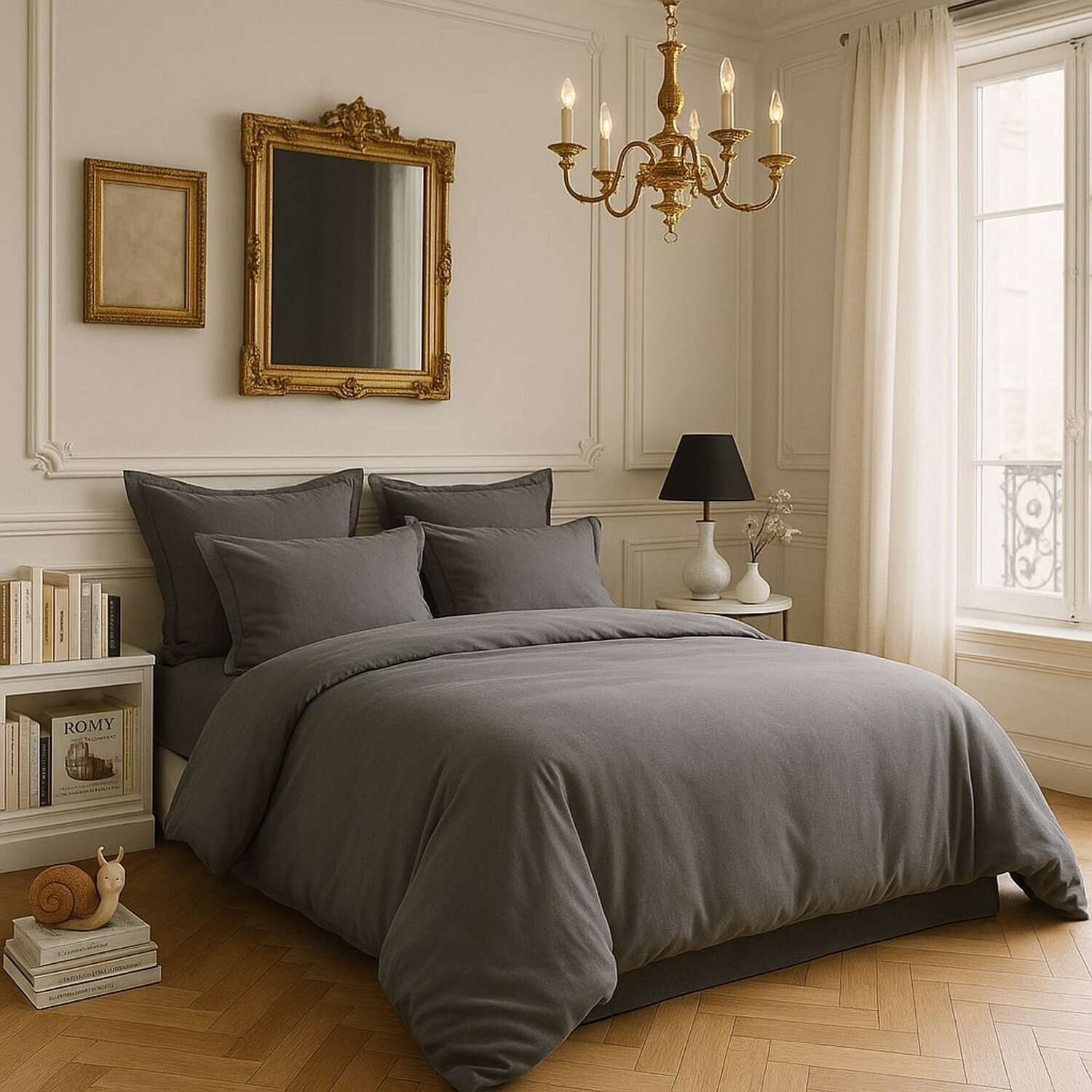 Housse De Couette 100% Satin de Coton lavé 105 Fils Gris Fonce