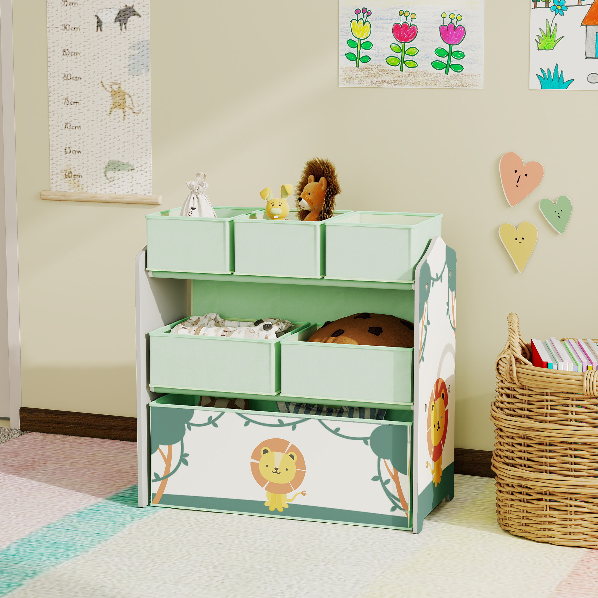 Étagère de rangement enfant design lion - 6 tiroirs en tissu - MDF - vert