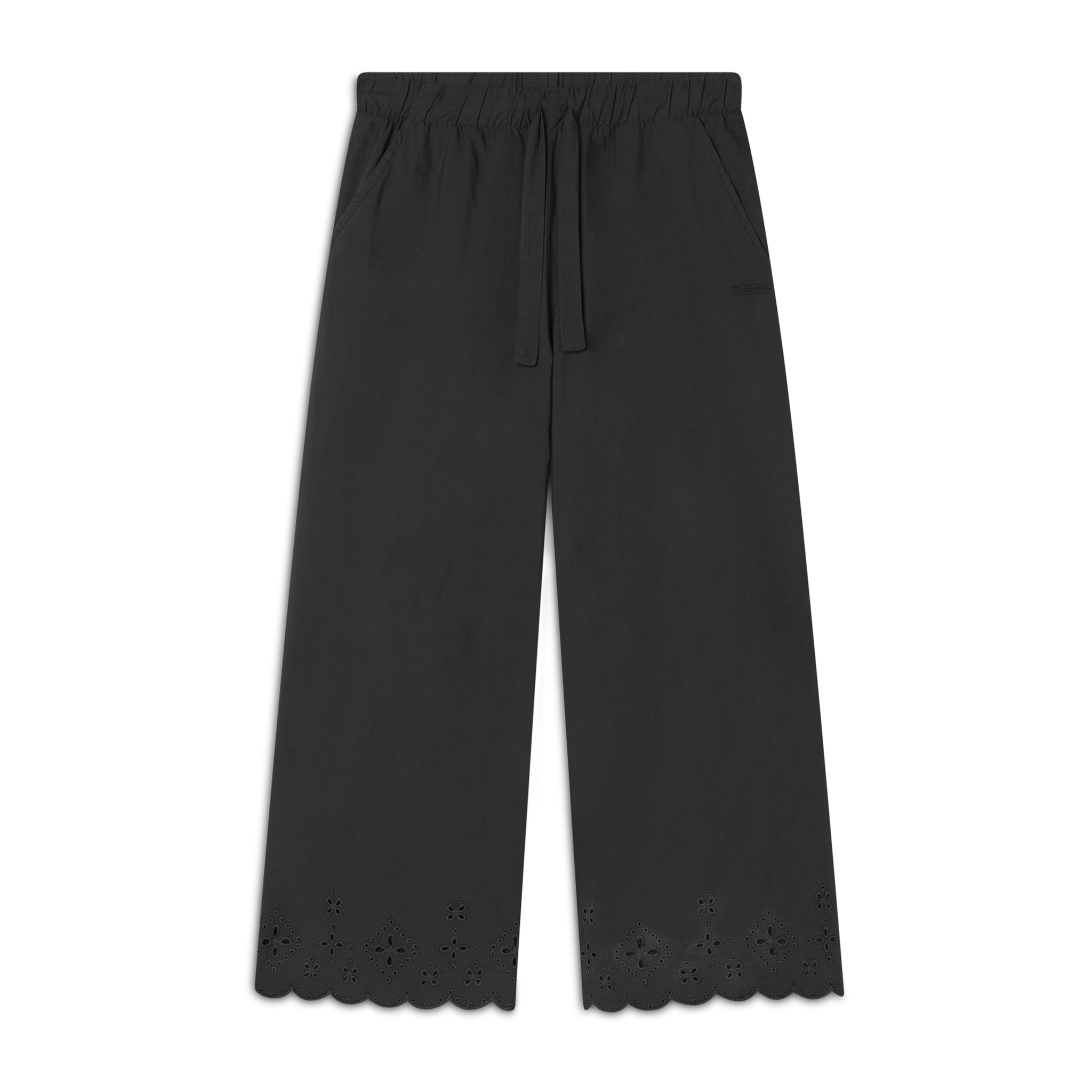 Pantaloni wide leg in cotone navetta con ricami Sangallo
