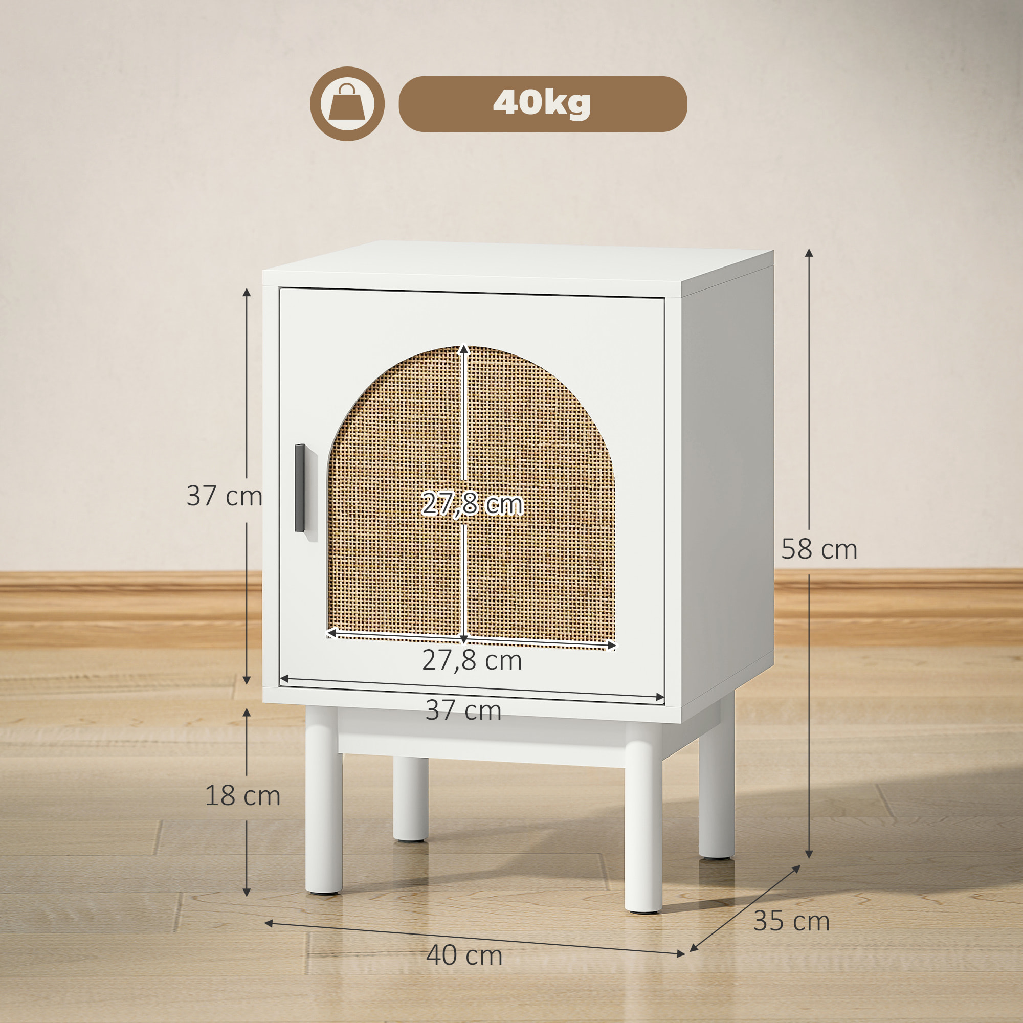 Mesita de Noche Mesilla de Noche con Puerta de Ratán Estante Ajustable y Patas de Madera Estilo Bohemio Mesa Auxiliar para Salón Dormitorio 40x35x58 cm Blanco