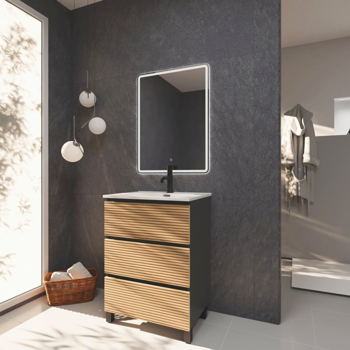 Meuble de Salle de Bain Yinu | 60 cm Noir - Solomon | Trois Tiroirs | Lavabo Encastre | N'inclut pas Miroir | Meuble Monte | Alday