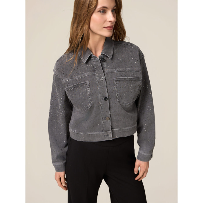Oltre - Chaqueta corta de mezclilla con strass aplicados - Gris
