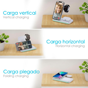 DAM Base de carga inalámbrica plegable 3 en 1. Base Qi 15W doble posición, cargador de Apple Watch y base Qi. Con luz ambiental. Función stand. 15x8,5x11 Cm. Color: Negro