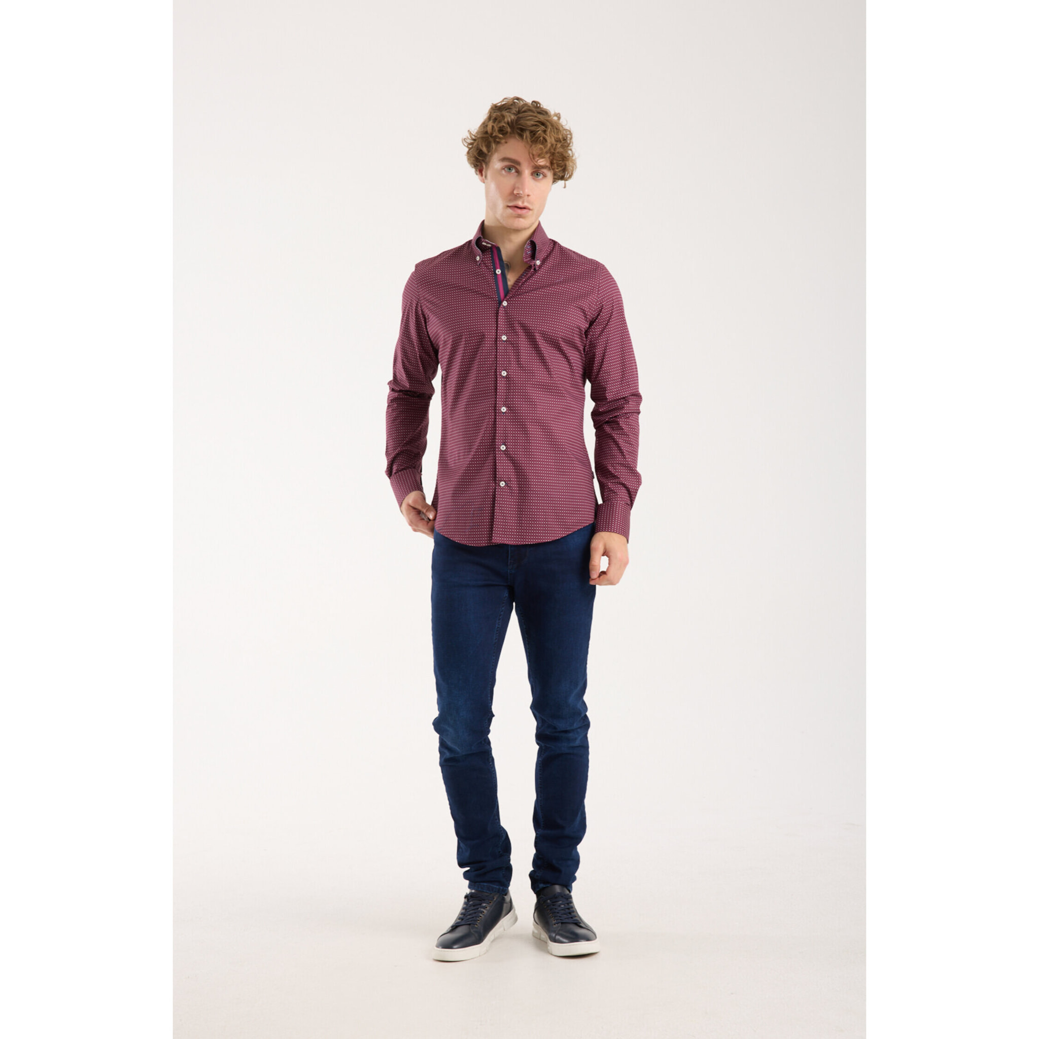 Camicia Uomo 2 Bottoni Button Down Slim Popeline Stretch Stampato Ciclamino e Bianco