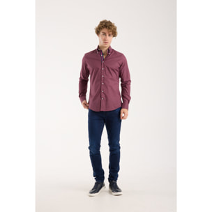 Camicia Uomo 2 Bottoni Button Down Slim Popeline Stretch Stampato Ciclamino e Bianco