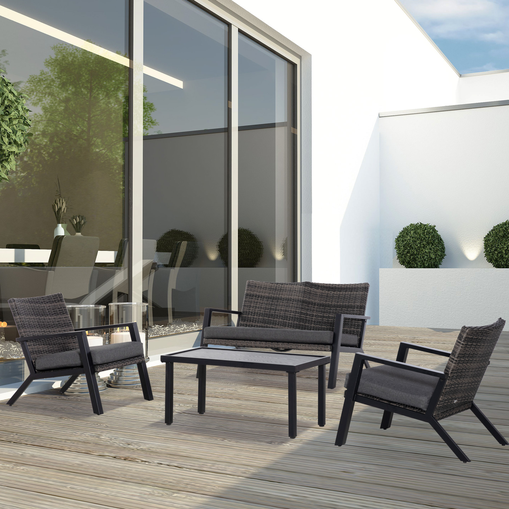 Conjunto de Muebles de Jardín de Ratán 4 Piezas Juego de Muebles de Exterior con Sofá de 2 Plazos Sofás Individuales y Mesa de Centro para Terraza Patio Negro