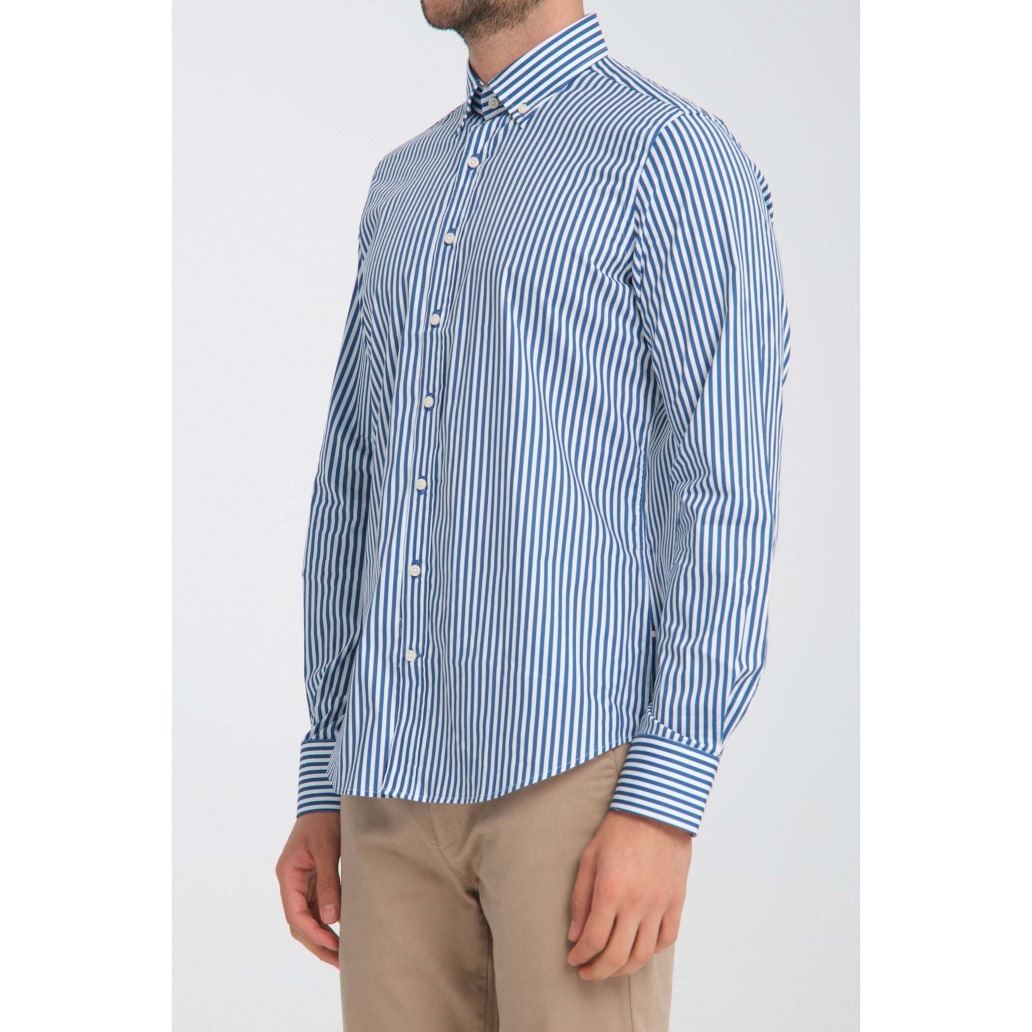 camicia uomo 1 bottone button down slim Popeline Stretch Riga Media Bianco Blu Avion