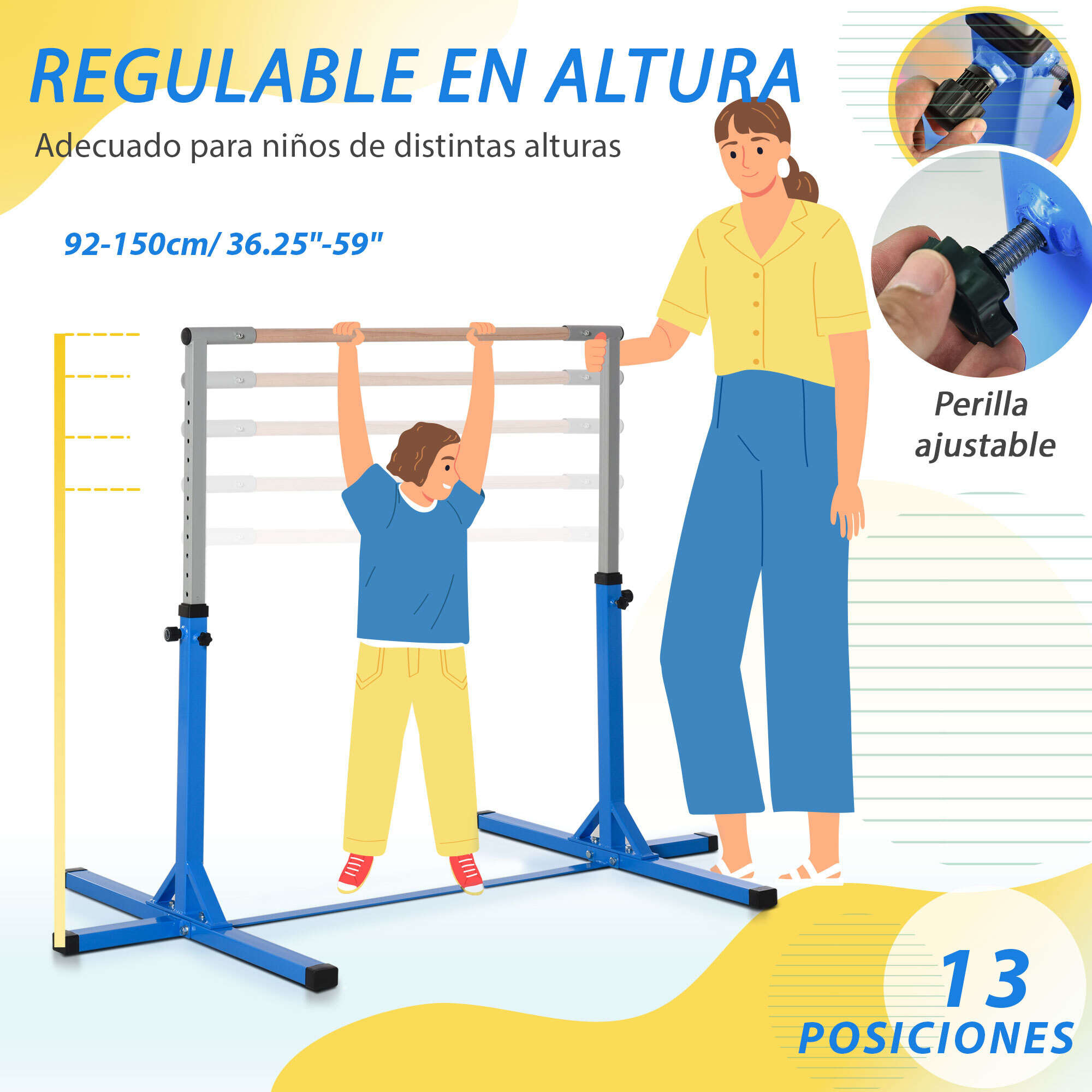 Barra de Gimnasia para Niños de +3 Años Barra de Entrenamiento con Altura Ajustable 92-150 cm Barra Horizontal de Gimnasia Carga 75 kg 194x121x150 cm Azul