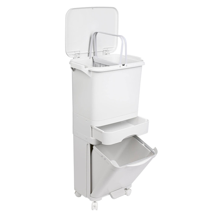 Papelera de reciclaje de clasificación selectiva con pedal, ruedas y asa de triple compartimento de 42l (24l + 4l + 14l).